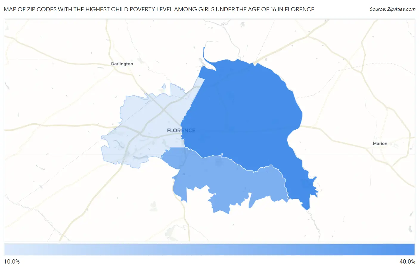 Zip Codes with the Highest Child Poverty Level Among Girls Under the Age of 16 in Florence Map