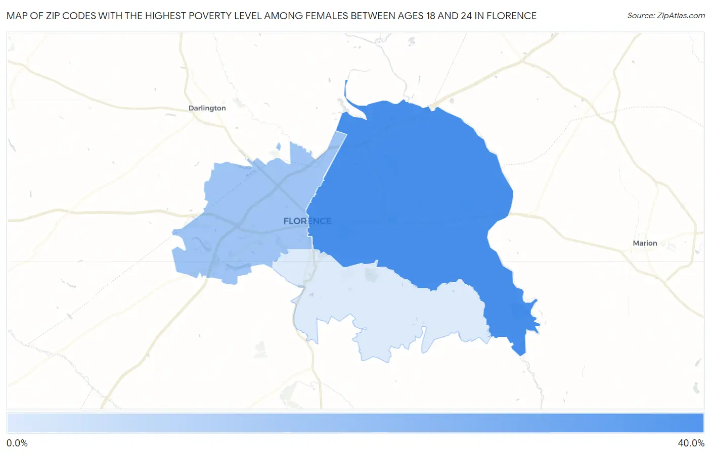 Zip Codes with the Highest Poverty Level Among Females Between Ages 18 and 24 in Florence Map