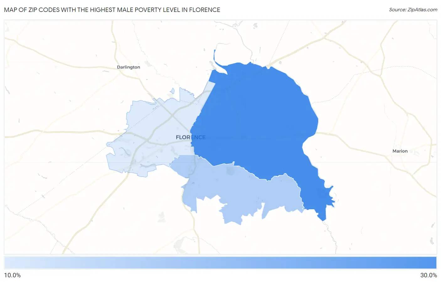 Zip Codes with the Highest Male Poverty Level in Florence Map