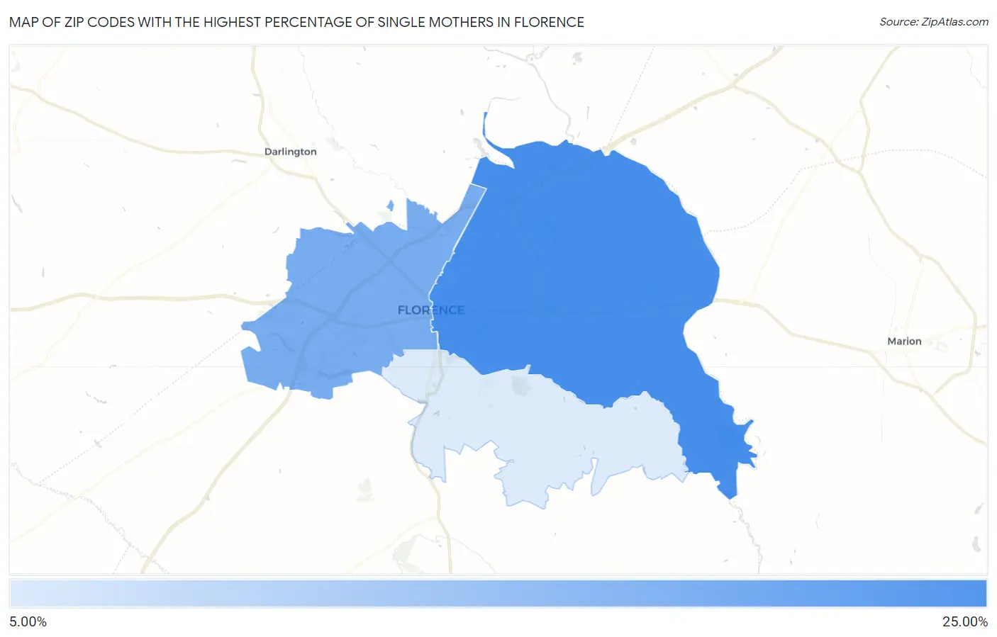 Zip Codes with the Highest Percentage of Single Mothers in Florence Map