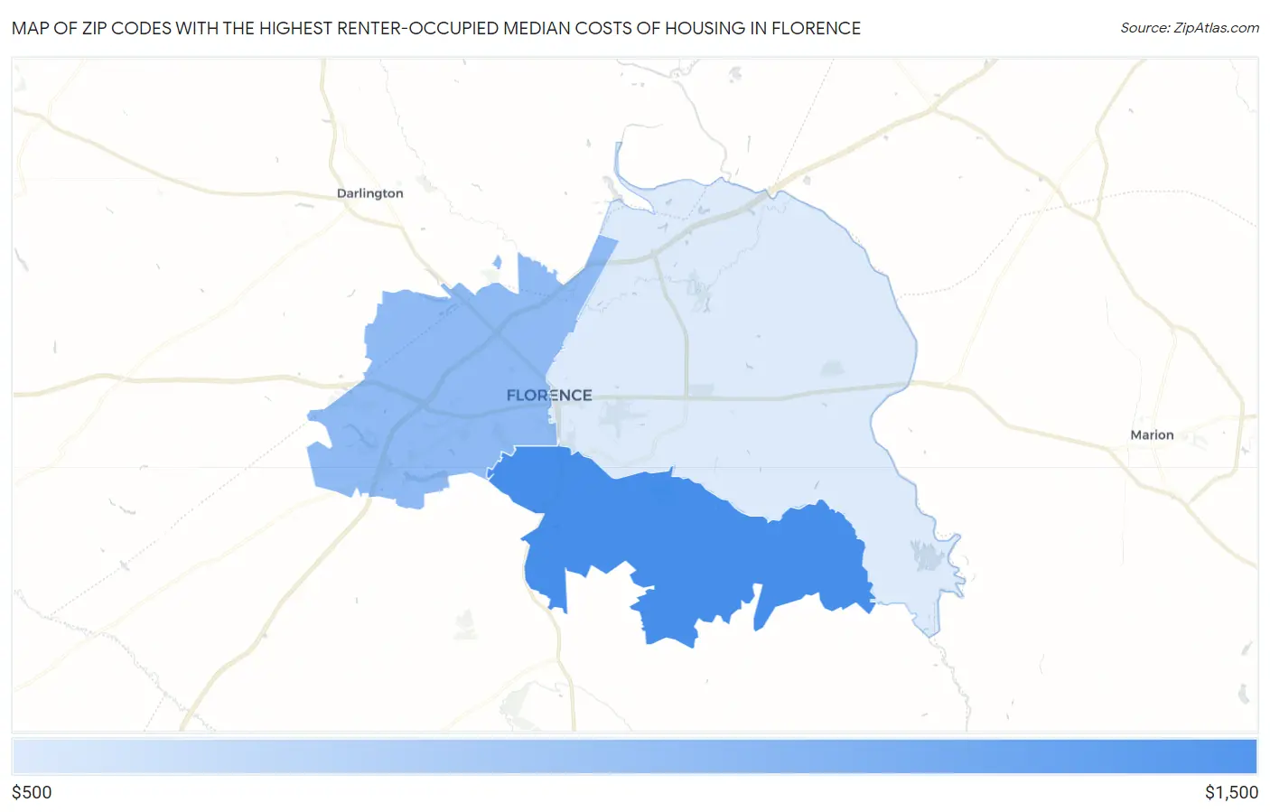 Zip Codes with the Highest Renter-Occupied Median Costs of Housing in Florence Map