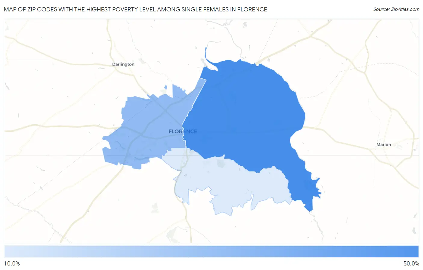 Zip Codes with the Highest Poverty Level Among Single Females in Florence Map