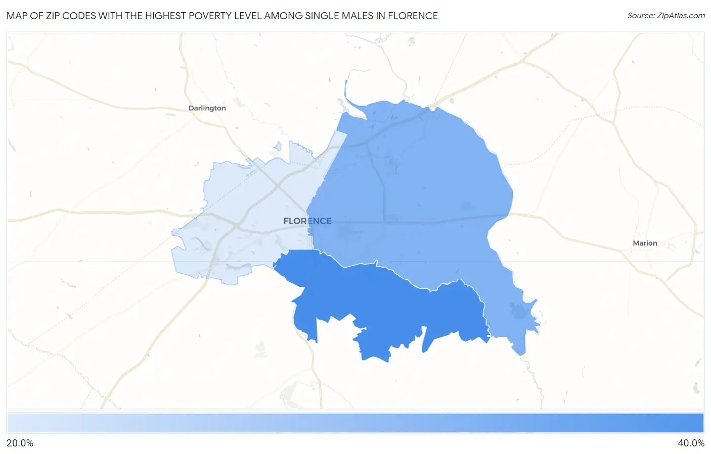 Zip Codes with the Highest Poverty Level Among Single Males in Florence Map