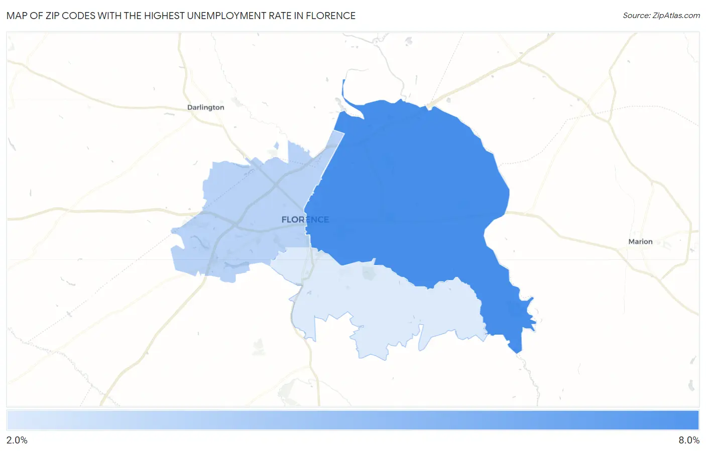 Zip Codes with the Highest Unemployment Rate in Florence Map