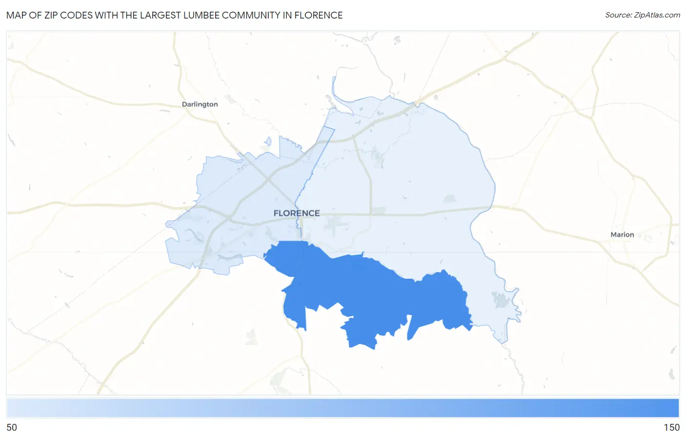Zip Codes with the Largest Lumbee Community in Florence Map