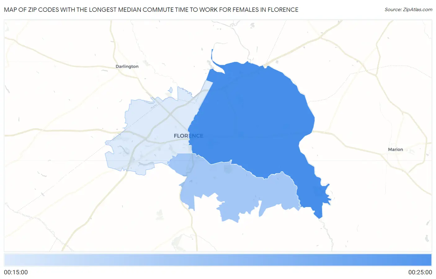 Zip Codes with the Longest Median Commute Time to Work for Females in Florence Map