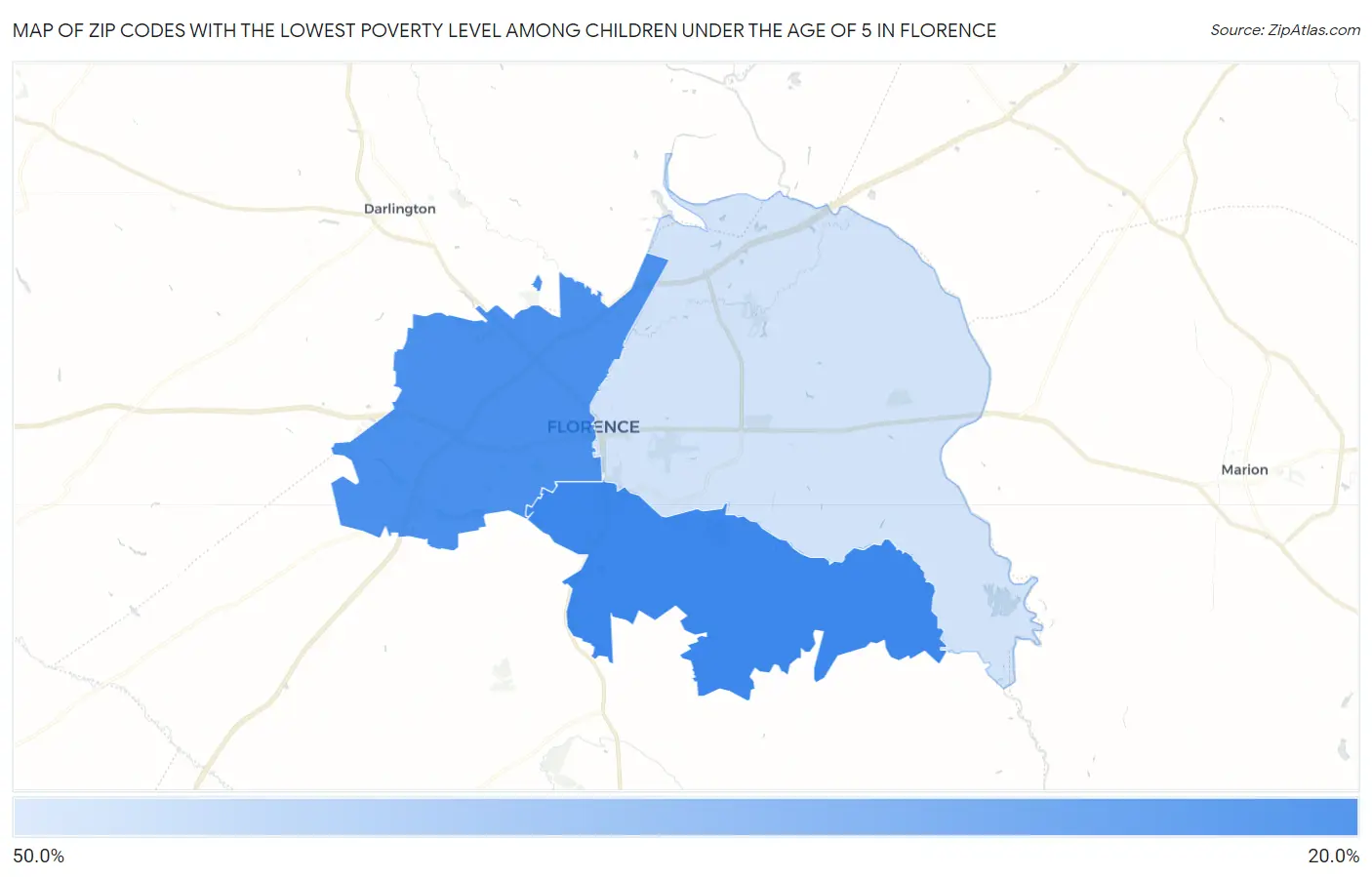 Zip Codes with the Lowest Poverty Level Among Children Under the Age of 5 in Florence Map