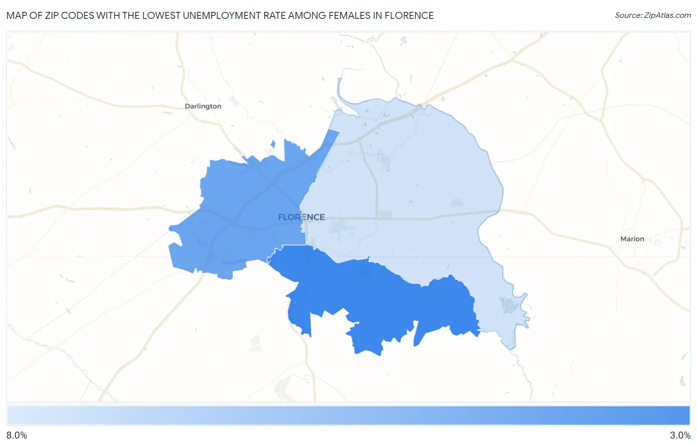 Zip Codes with the Lowest Unemployment Rate Among Females in Florence Map