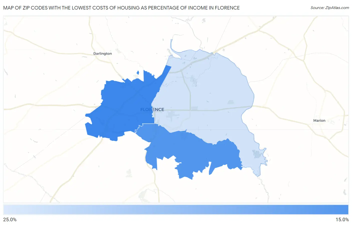 Zip Codes with the Lowest Costs of Housing as Percentage of Income in Florence Map