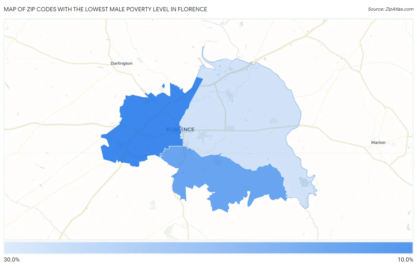 Zip Codes with the Lowest Male Poverty Level in Florence Map
