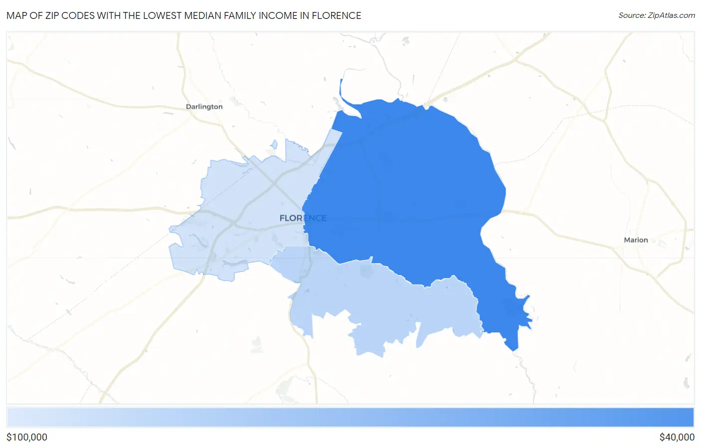 Zip Codes with the Lowest Median Family Income in Florence Map