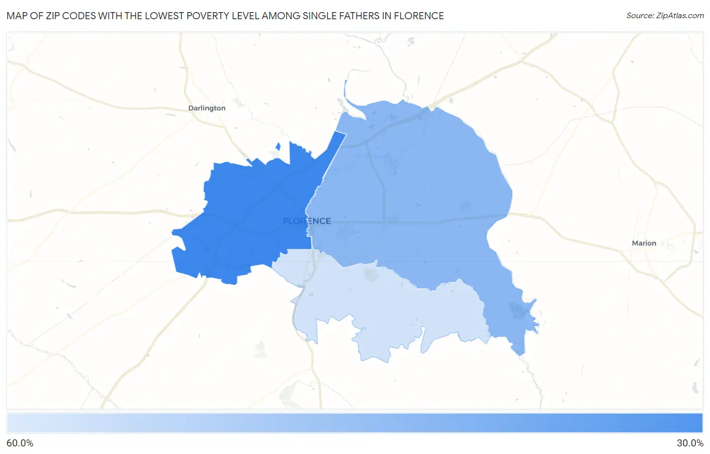 Zip Codes with the Lowest Poverty Level Among Single Fathers in Florence Map