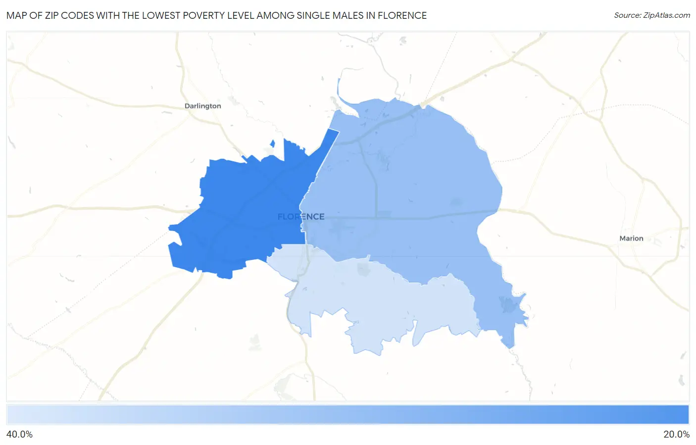 Zip Codes with the Lowest Poverty Level Among Single Males in Florence Map