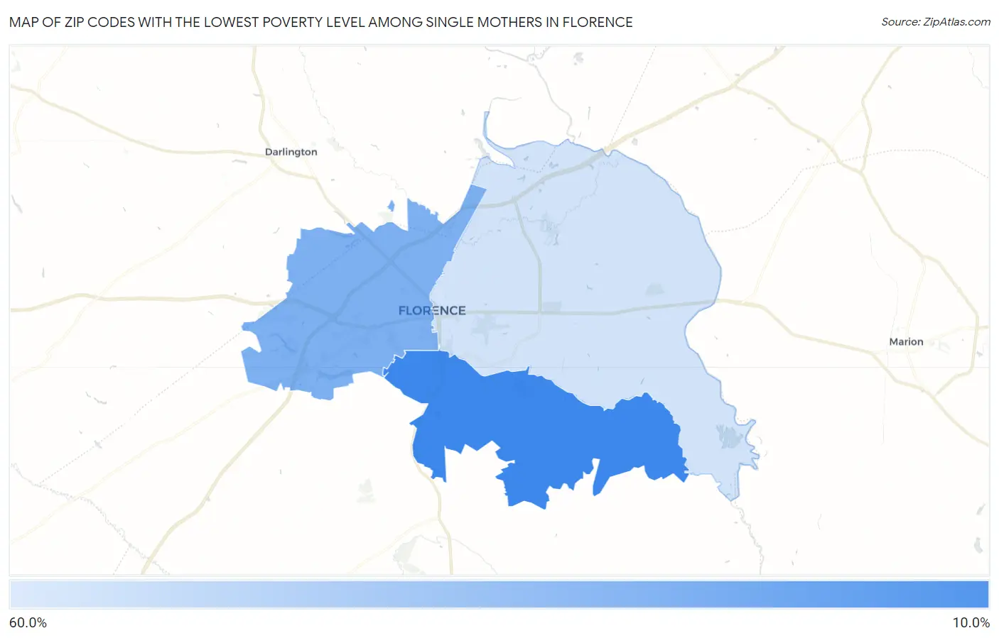 Zip Codes with the Lowest Poverty Level Among Single Mothers in Florence Map