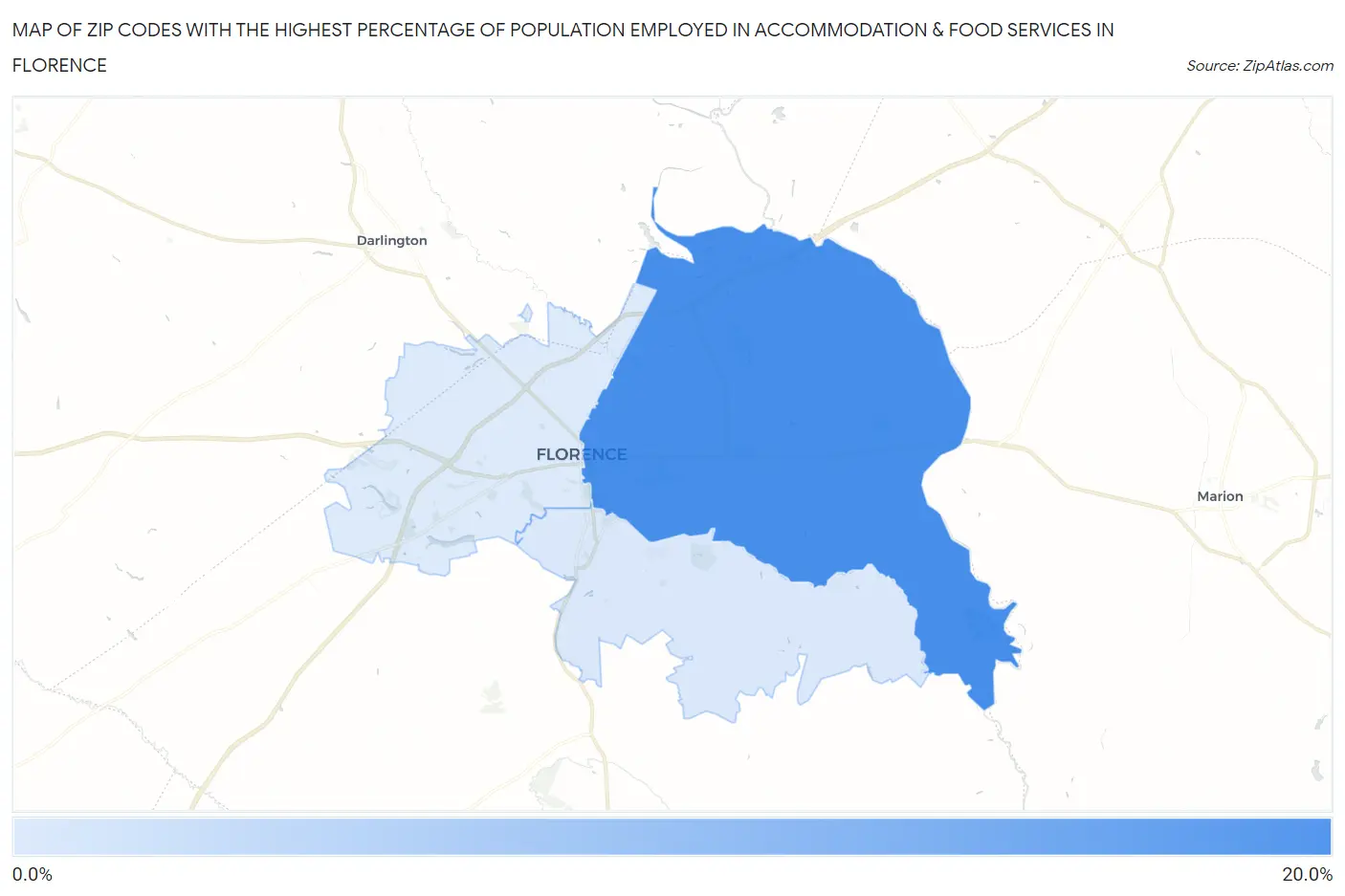 Zip Codes with the Highest Percentage of Population Employed in Accommodation & Food Services in Florence Map