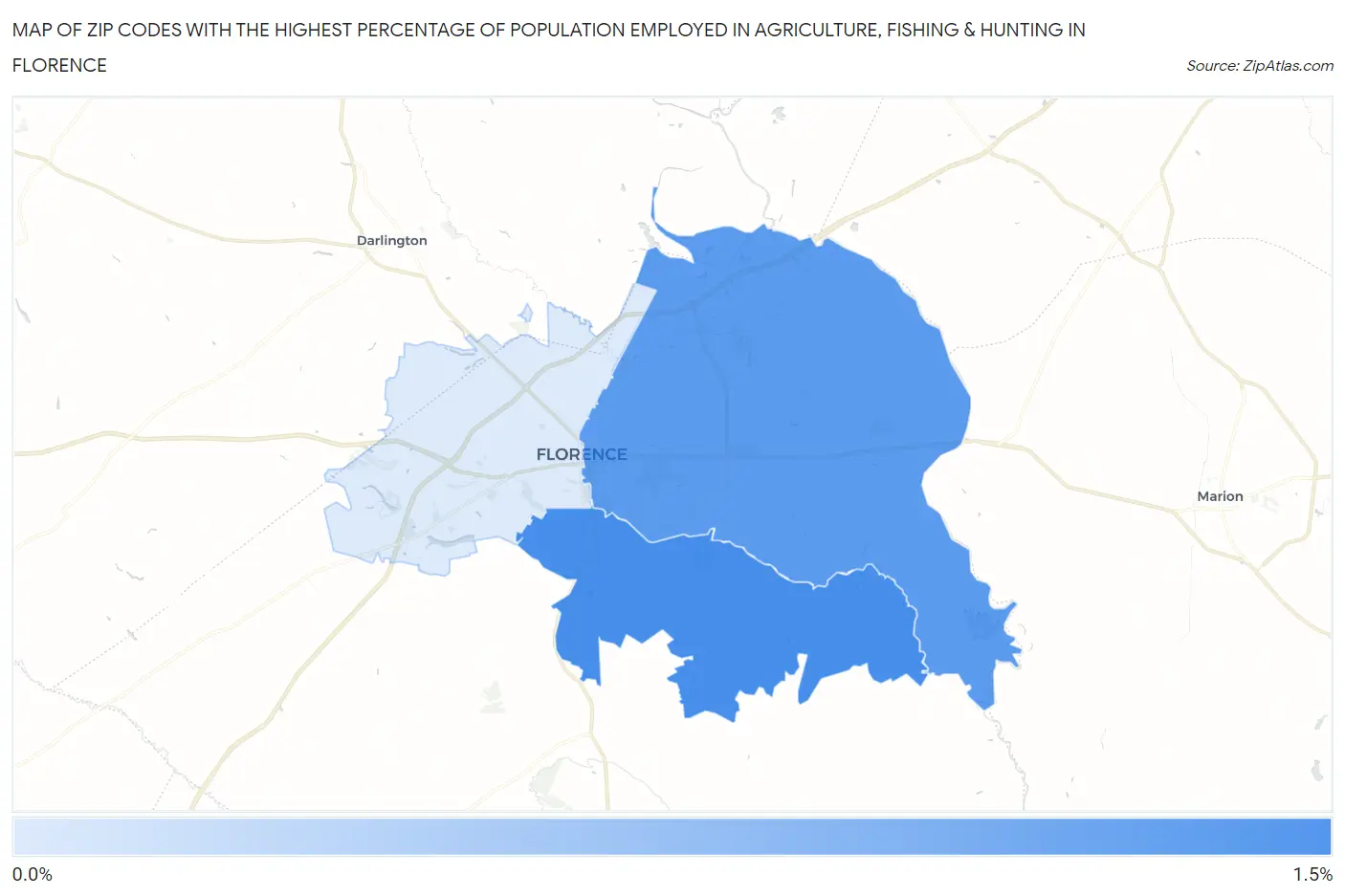 Zip Codes with the Highest Percentage of Population Employed in Agriculture, Fishing & Hunting in Florence Map