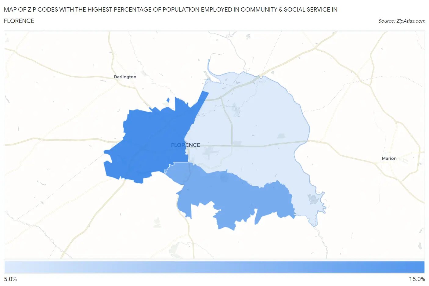 Zip Codes with the Highest Percentage of Population Employed in Community & Social Service  in Florence Map