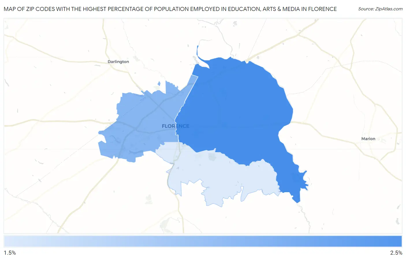 Zip Codes with the Highest Percentage of Population Employed in Education, Arts & Media in Florence Map