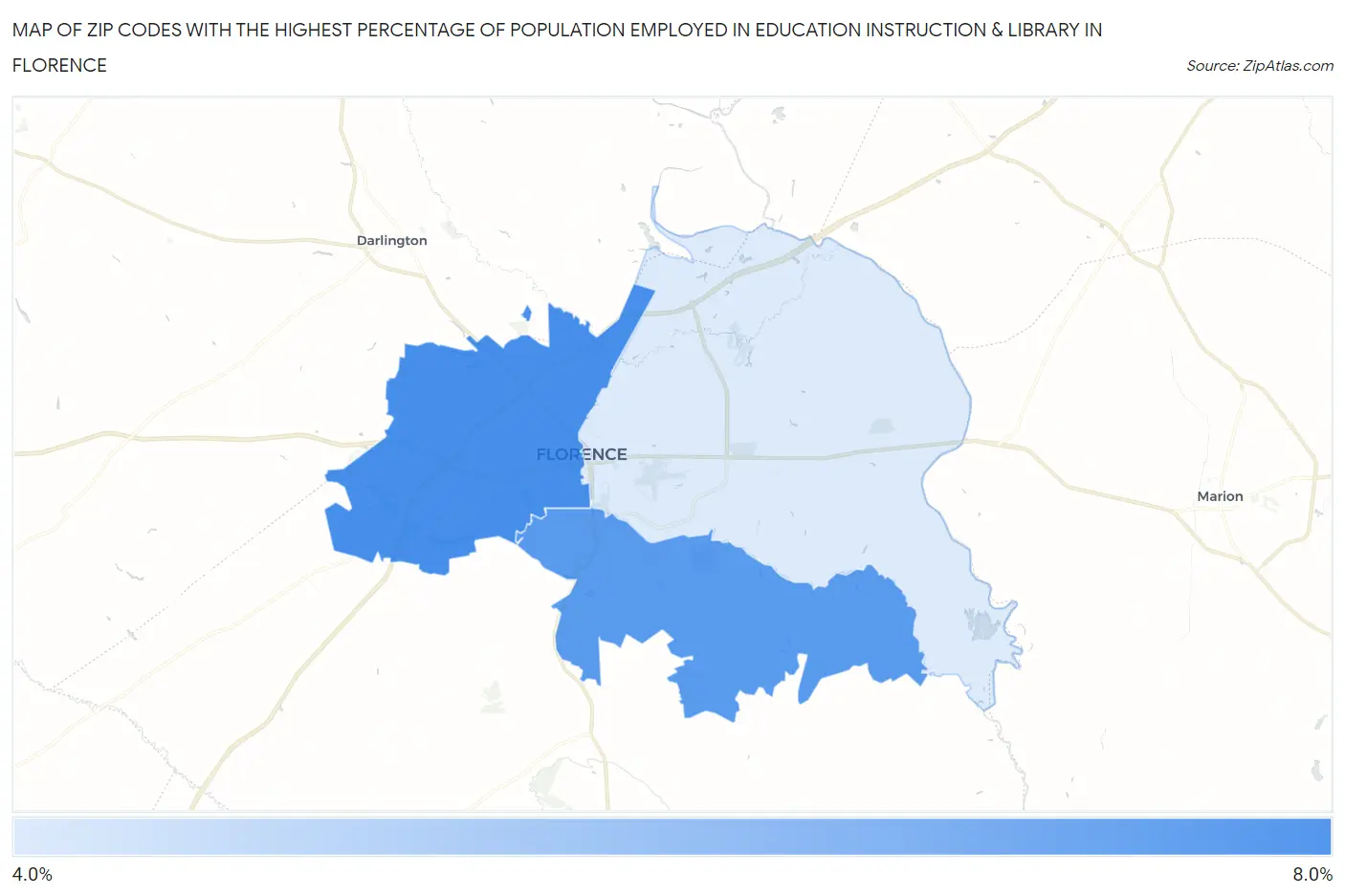 Zip Codes with the Highest Percentage of Population Employed in Education Instruction & Library in Florence Map