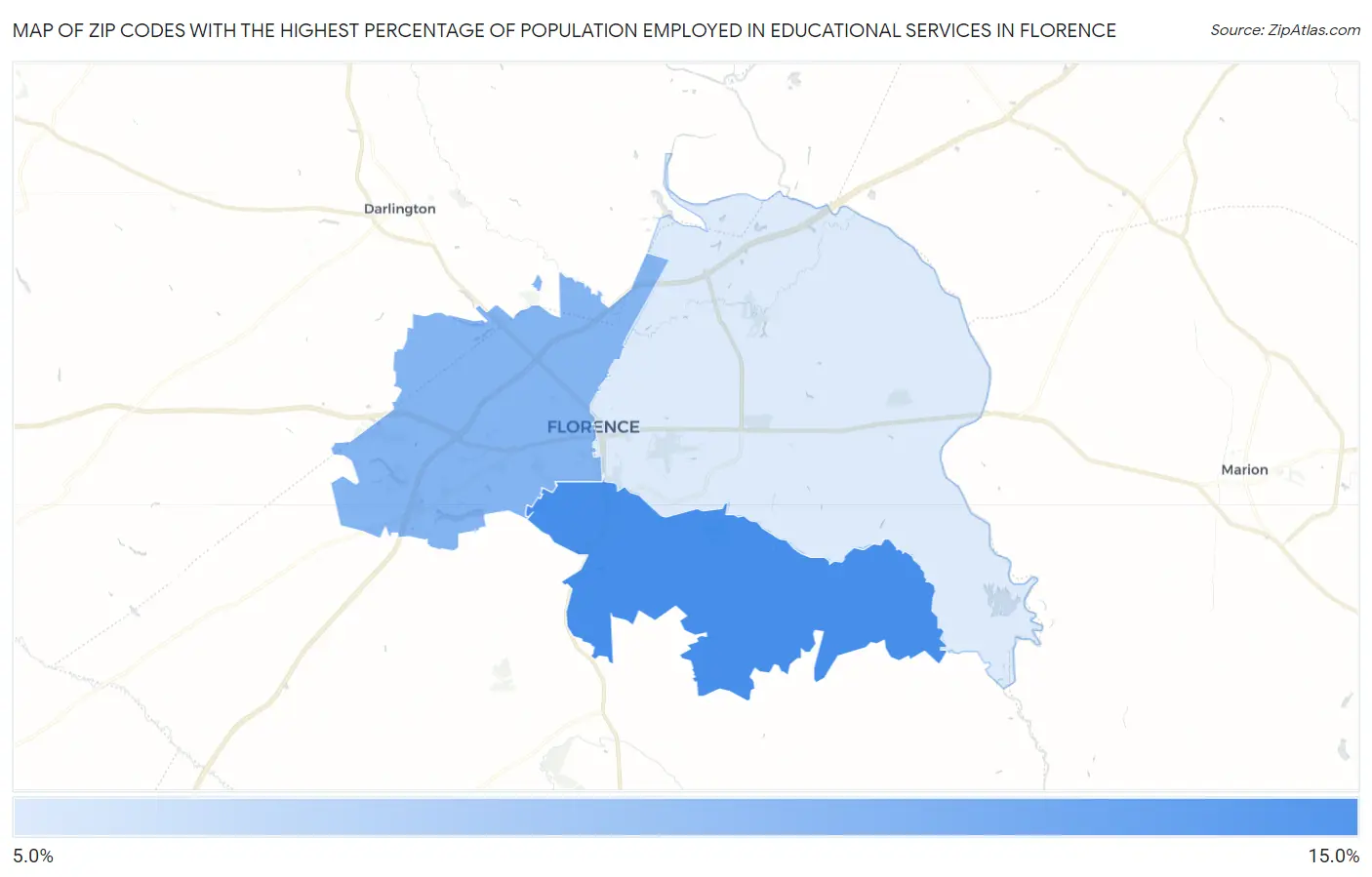 Zip Codes with the Highest Percentage of Population Employed in Educational Services in Florence Map