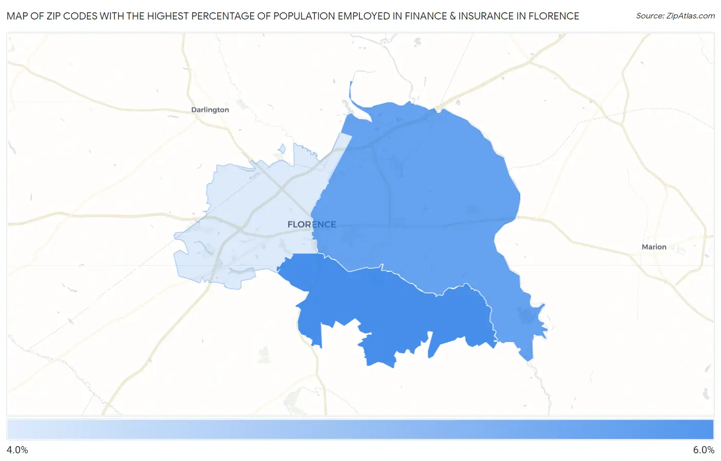 Zip Codes with the Highest Percentage of Population Employed in Finance & Insurance in Florence Map