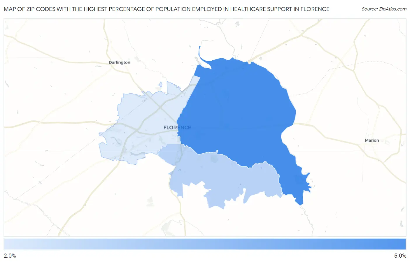 Zip Codes with the Highest Percentage of Population Employed in Healthcare Support in Florence Map