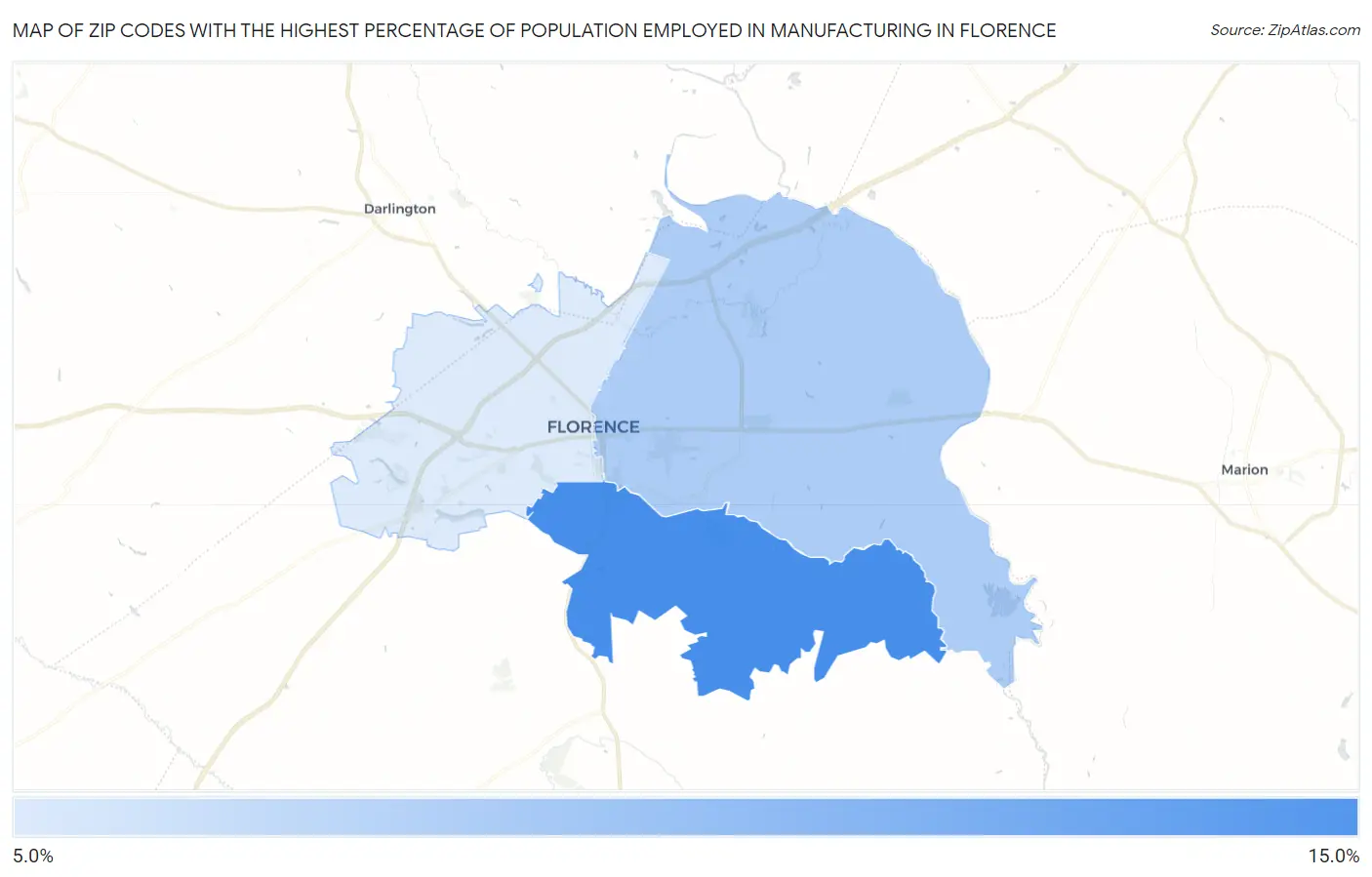 Zip Codes with the Highest Percentage of Population Employed in Manufacturing in Florence Map