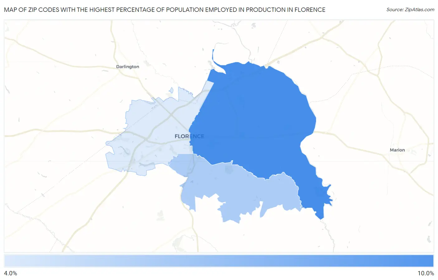 Zip Codes with the Highest Percentage of Population Employed in Production in Florence Map