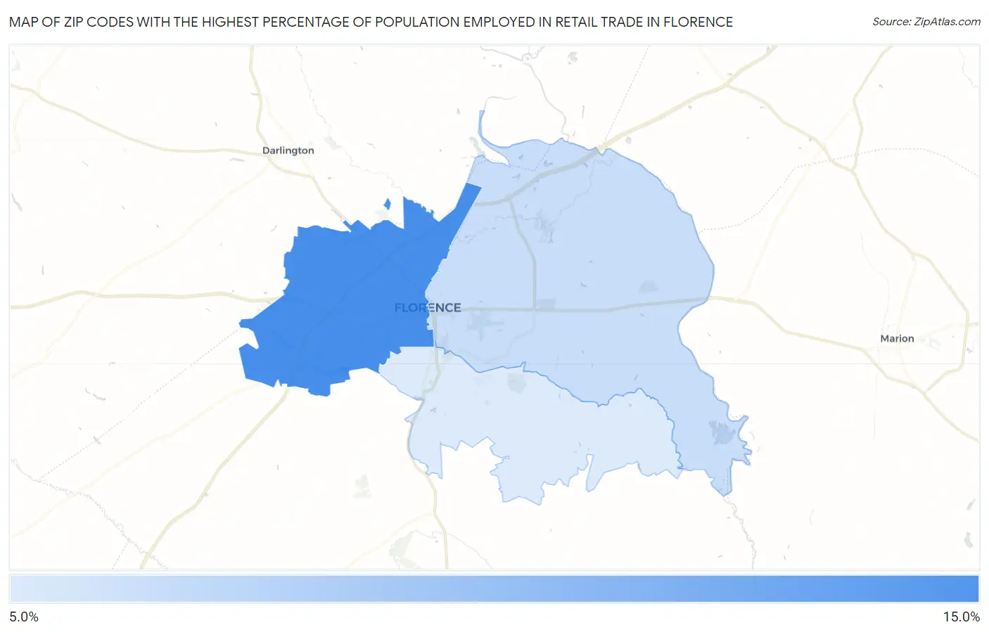 Zip Codes with the Highest Percentage of Population Employed in Retail Trade in Florence Map