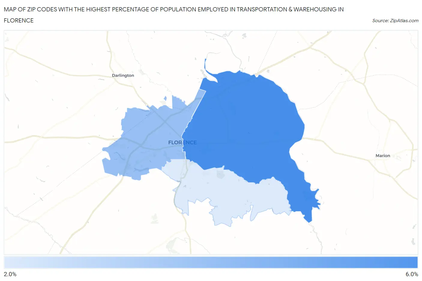 Zip Codes with the Highest Percentage of Population Employed in Transportation & Warehousing in Florence Map
