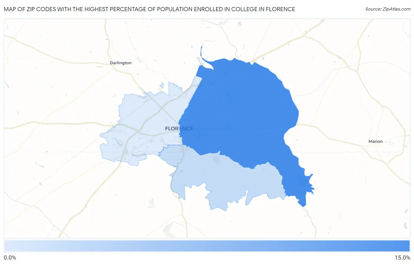 Zip Codes with the Highest Percentage of Population Enrolled in College in Florence Map