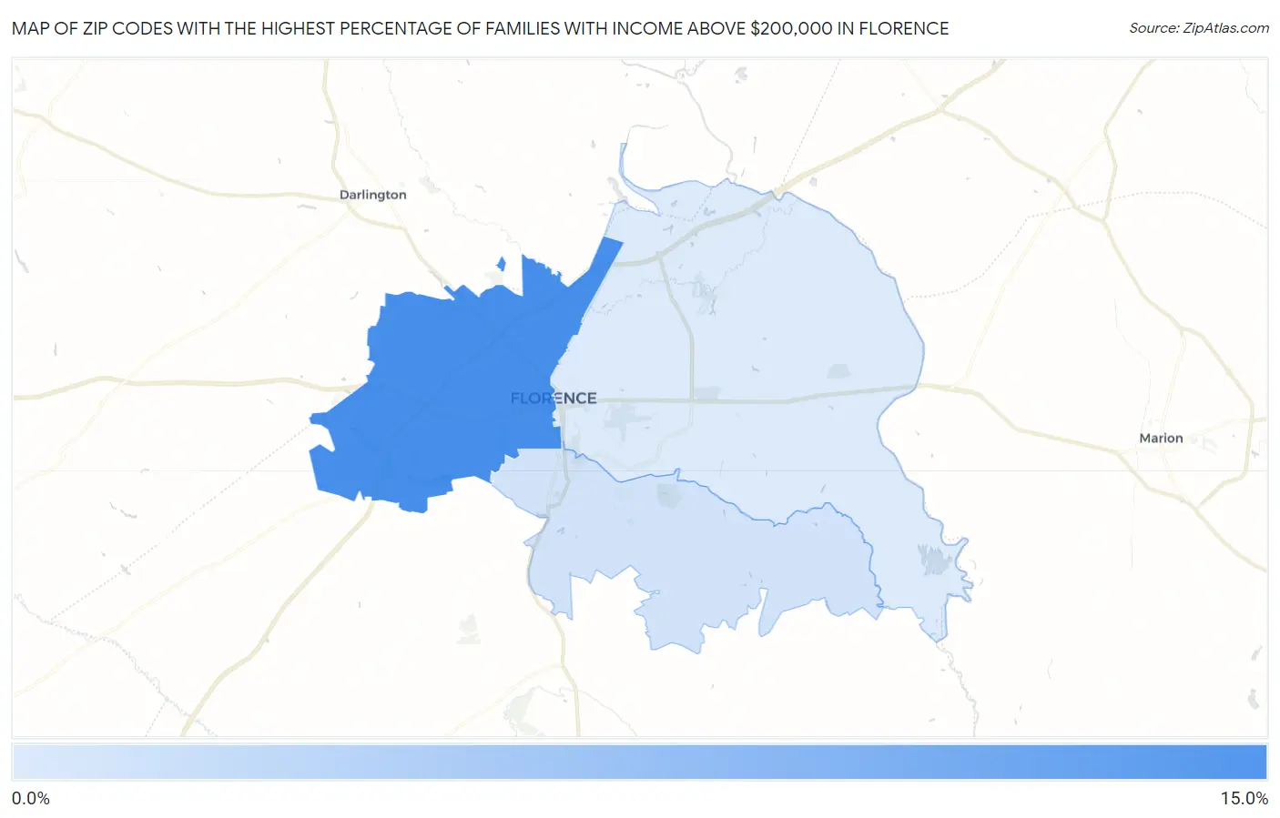 Zip Codes with the Highest Percentage of Families with Income Above $200,000 in Florence Map