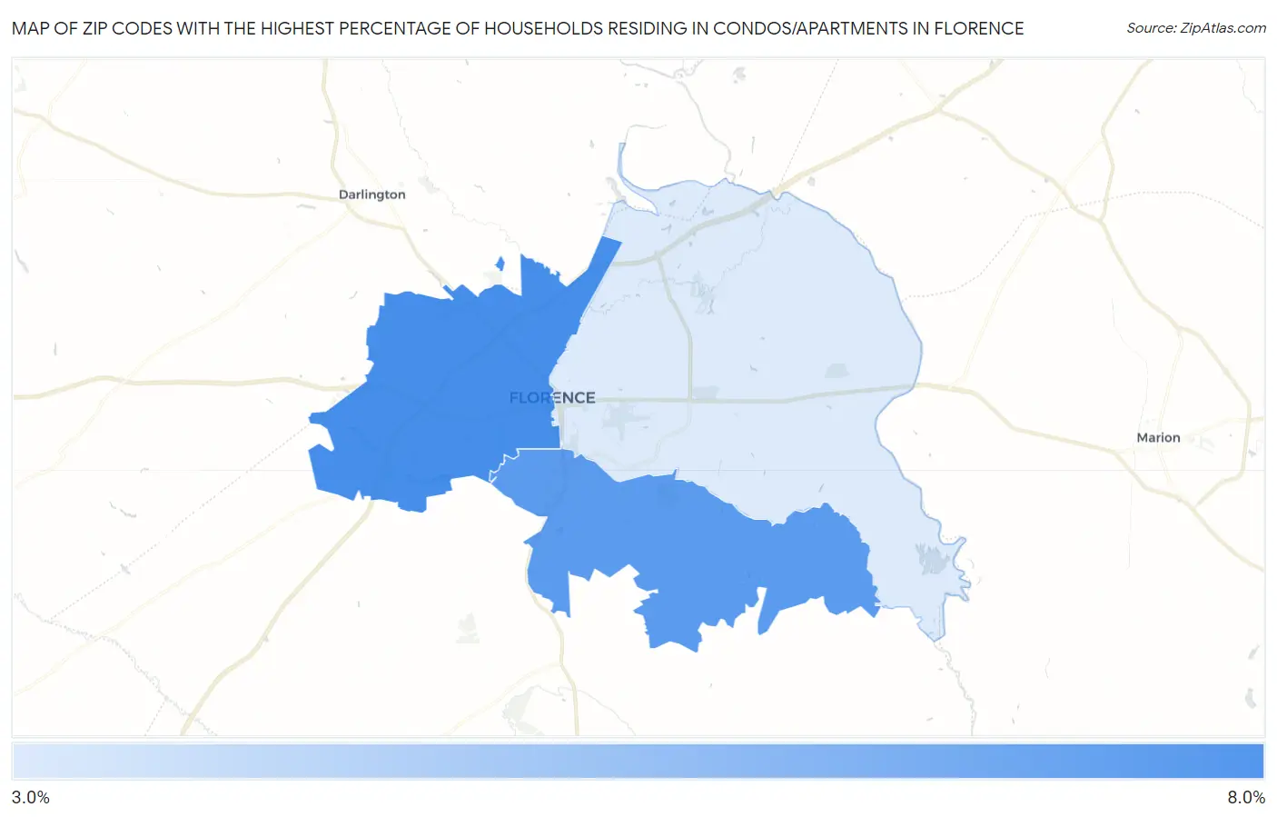 Zip Codes with the Highest Percentage of Households Residing in Condos/Apartments in Florence Map