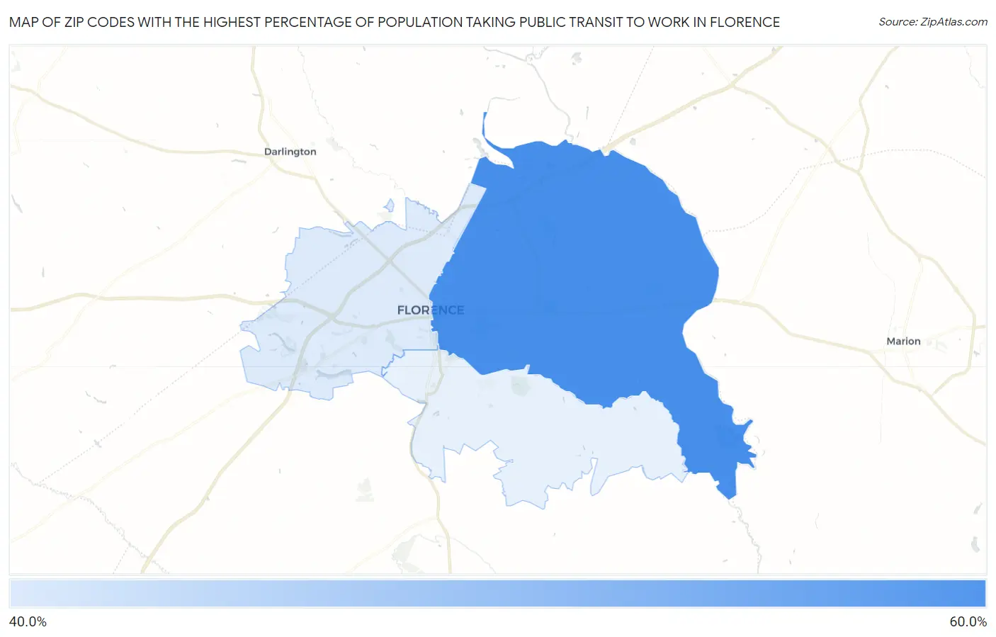 Zip Codes with the Highest Percentage of Population Taking Public Transit to Work in Florence Map