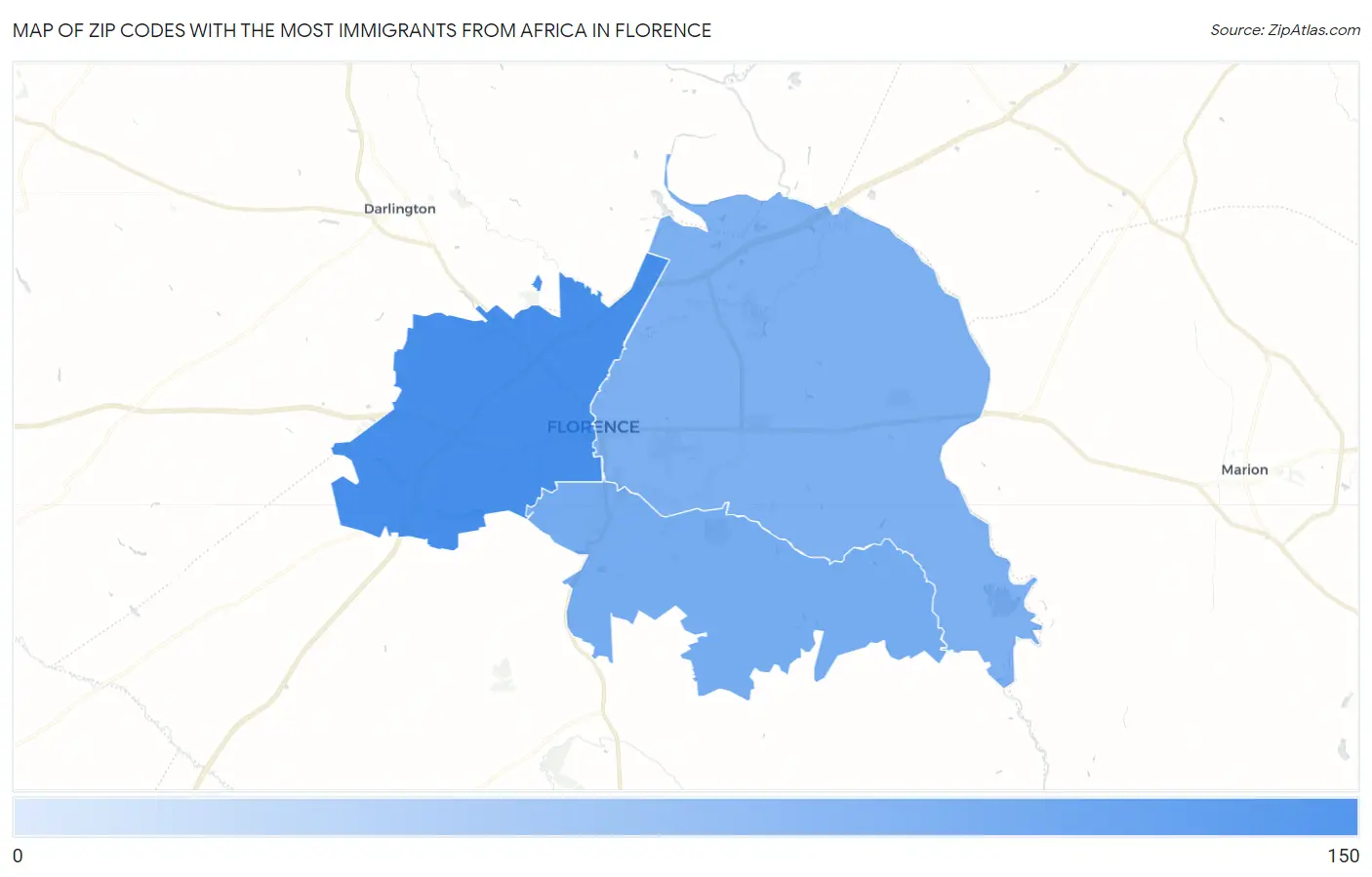 Zip Codes with the Most Immigrants from Africa in Florence Map