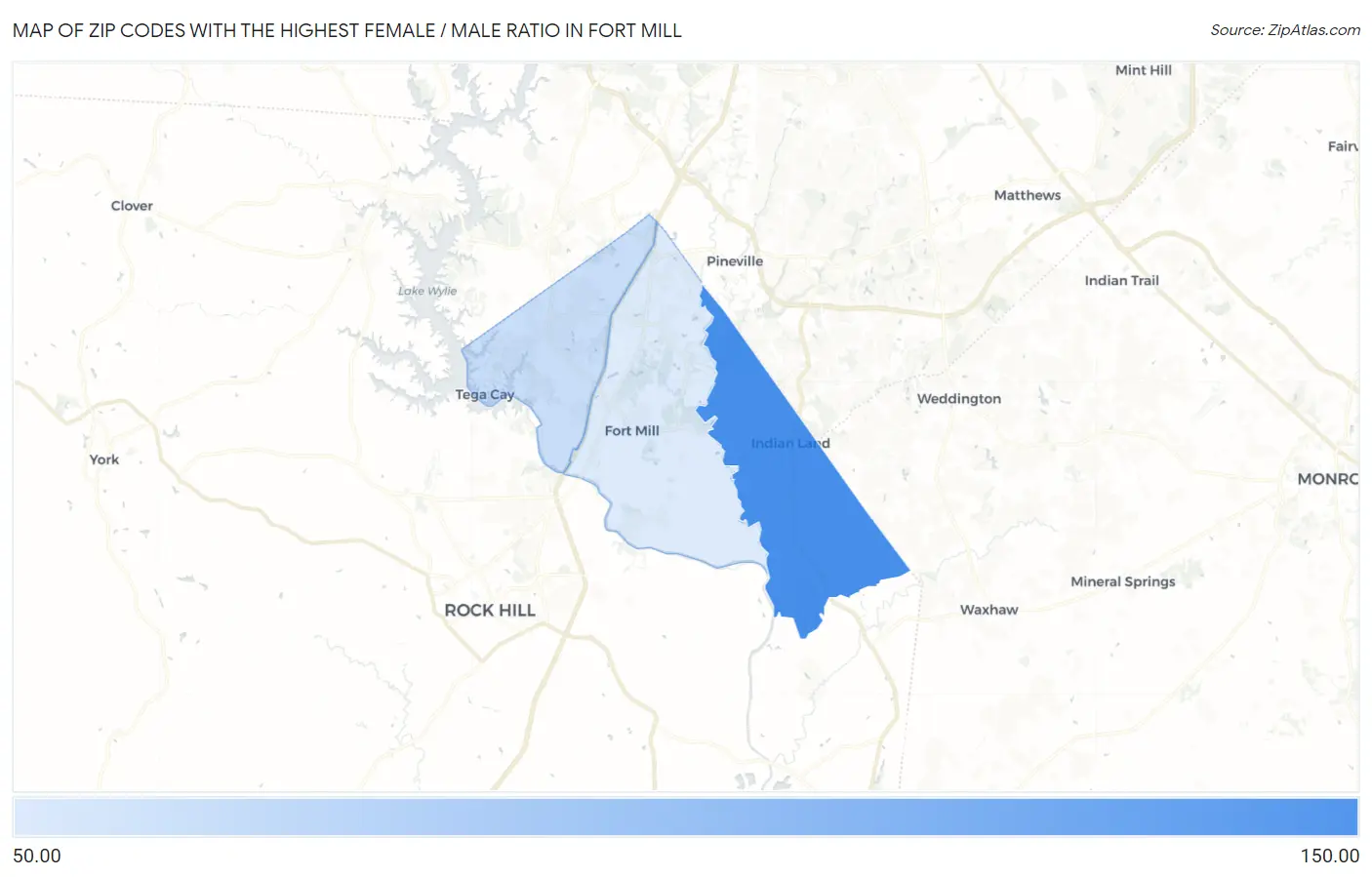 Zip Codes with the Highest Female / Male Ratio in Fort Mill Map