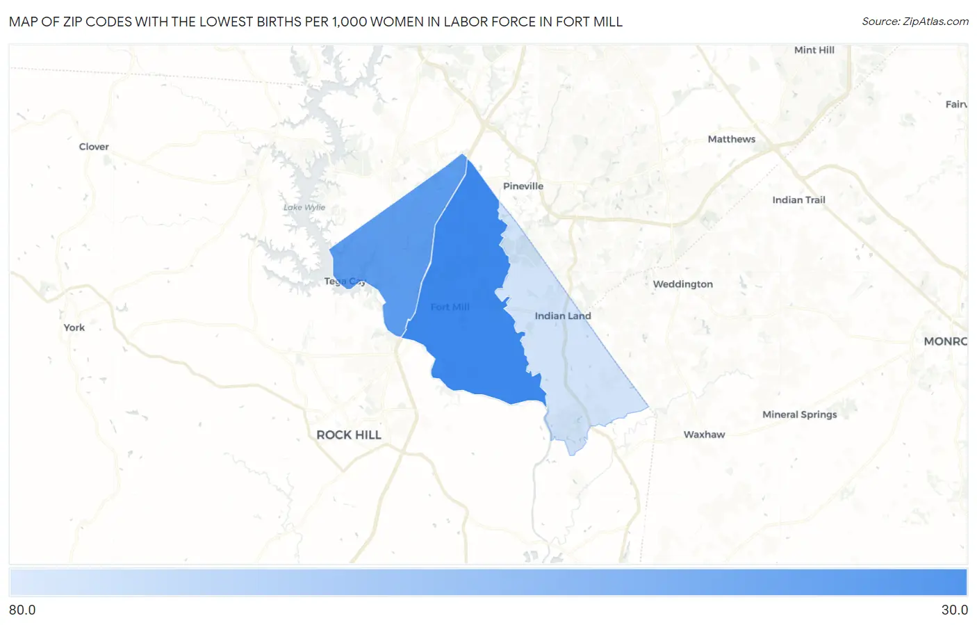 Zip Codes with the Lowest Births per 1,000 Women in Labor Force in Fort Mill Map