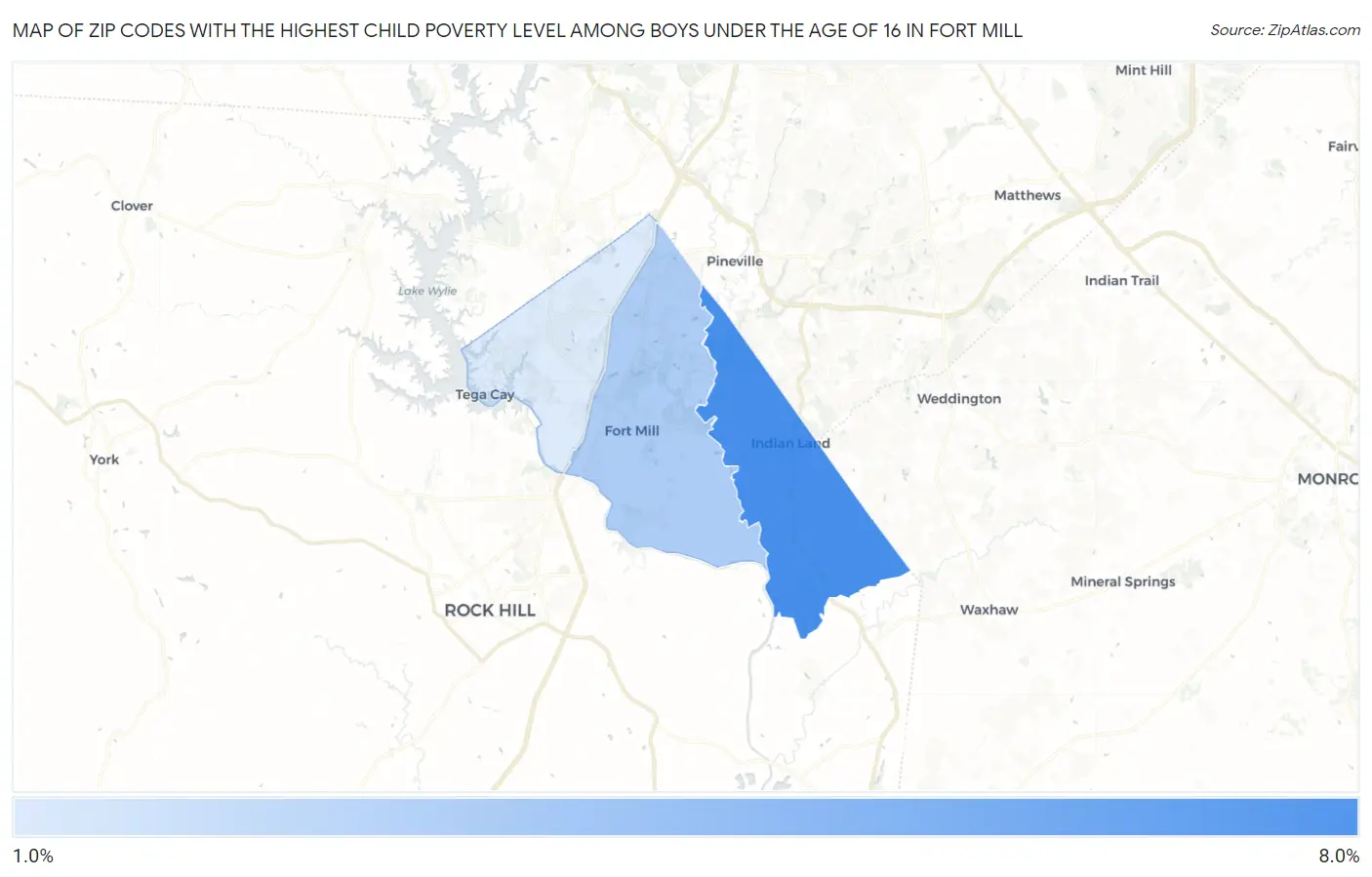 Zip Codes with the Highest Child Poverty Level Among Boys Under the Age of 16 in Fort Mill Map