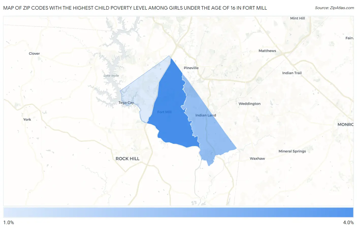Zip Codes with the Highest Child Poverty Level Among Girls Under the Age of 16 in Fort Mill Map