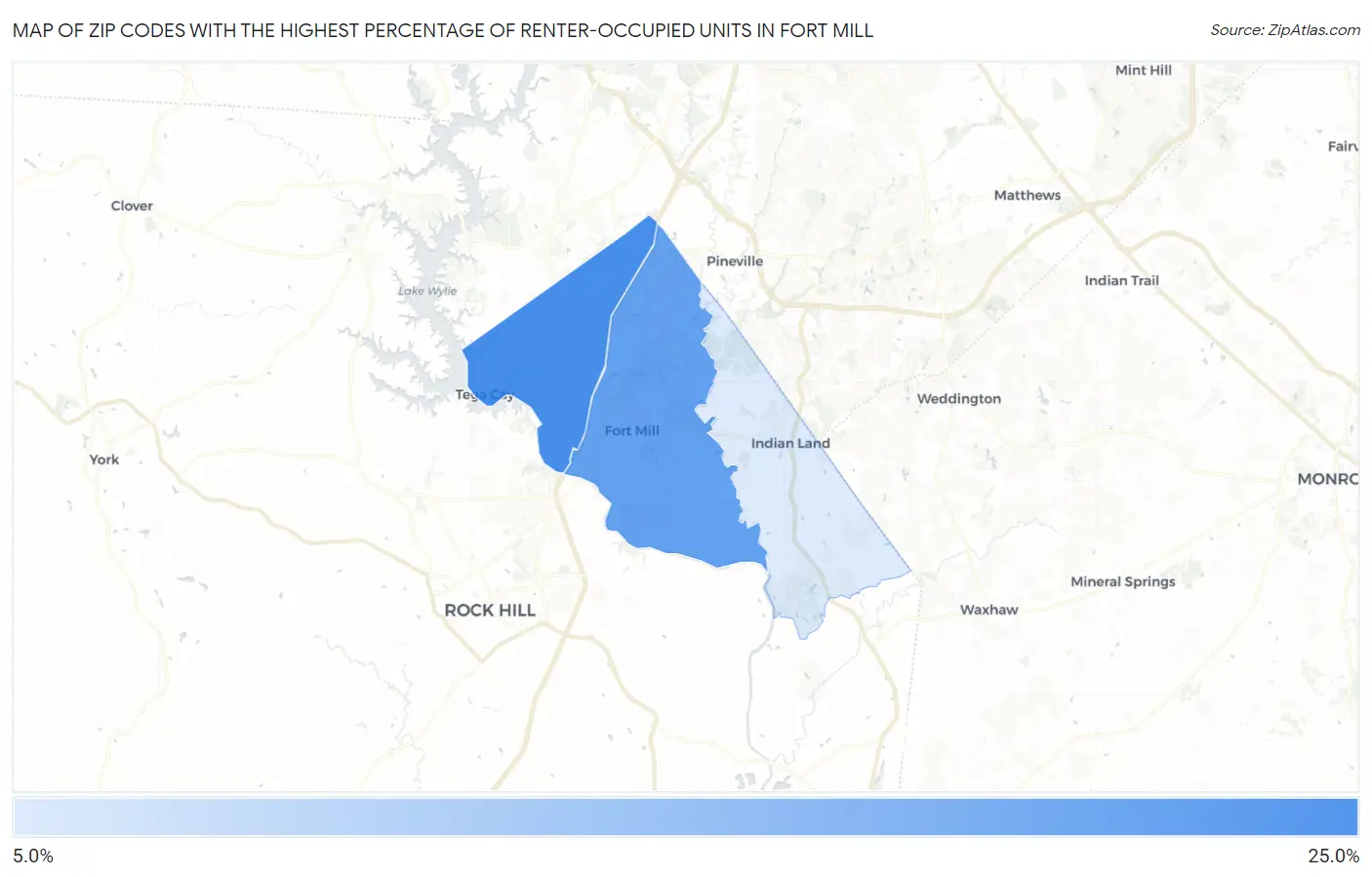 Zip Codes with the Highest Percentage of Renter-Occupied Units in Fort Mill Map