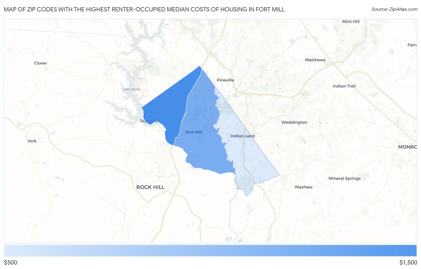 Zip Codes with the Highest Renter-Occupied Median Costs of Housing in Fort Mill Map