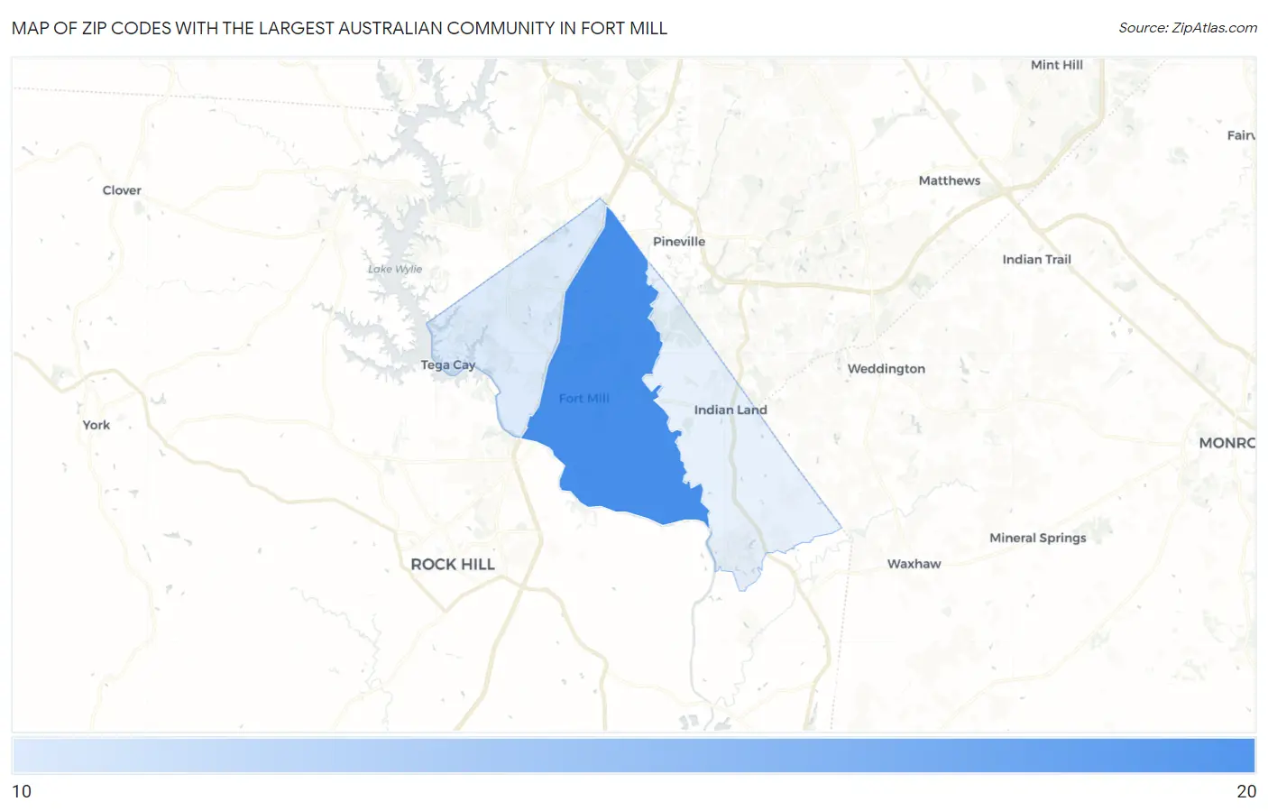 Zip Codes with the Largest Australian Community in Fort Mill Map