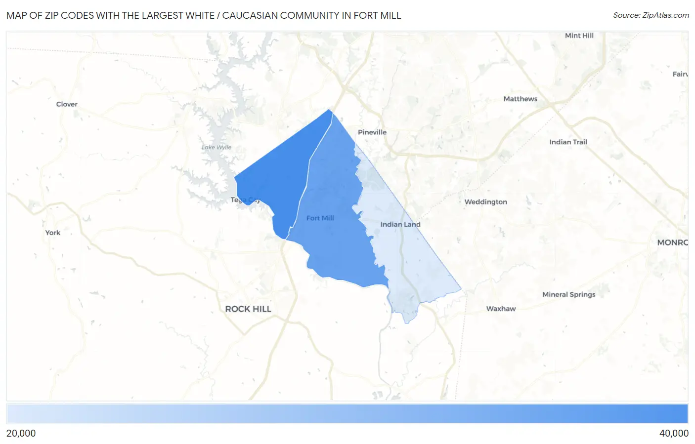 Zip Codes with the Largest White / Caucasian Community in Fort Mill Map