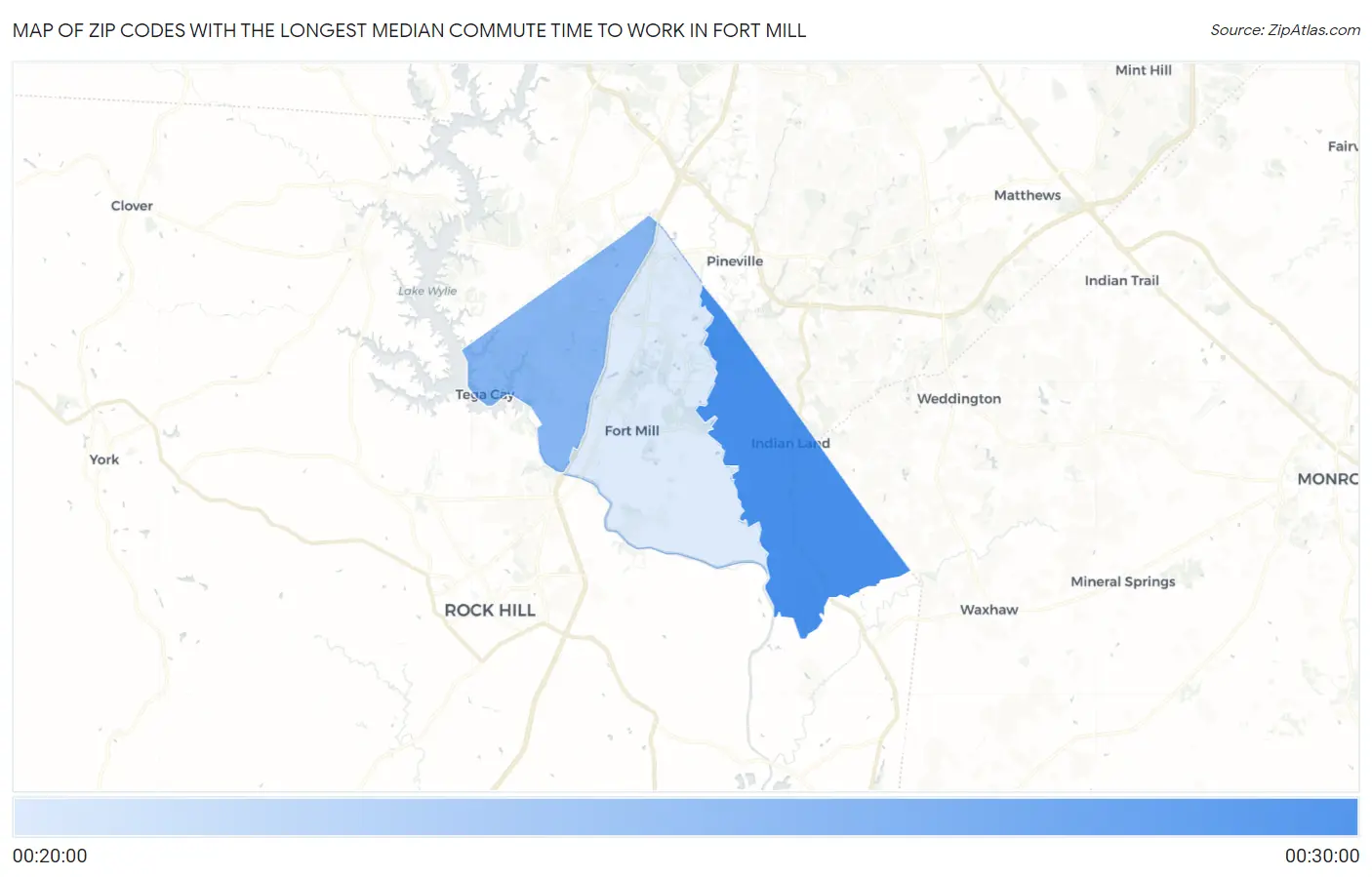 Zip Codes with the Longest Median Commute Time to Work in Fort Mill Map