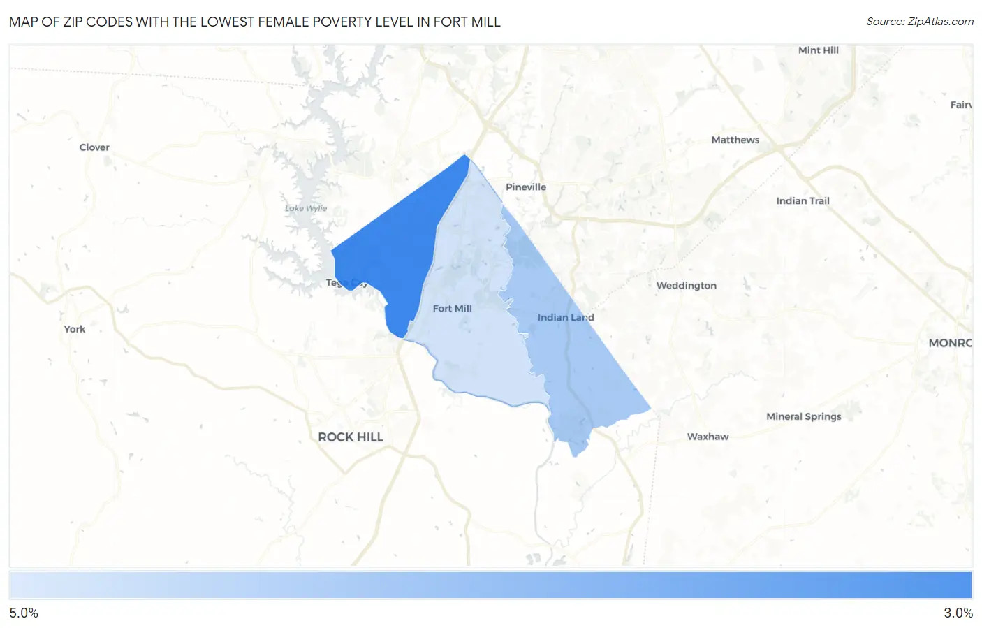 Zip Codes with the Lowest Female Poverty Level in Fort Mill Map