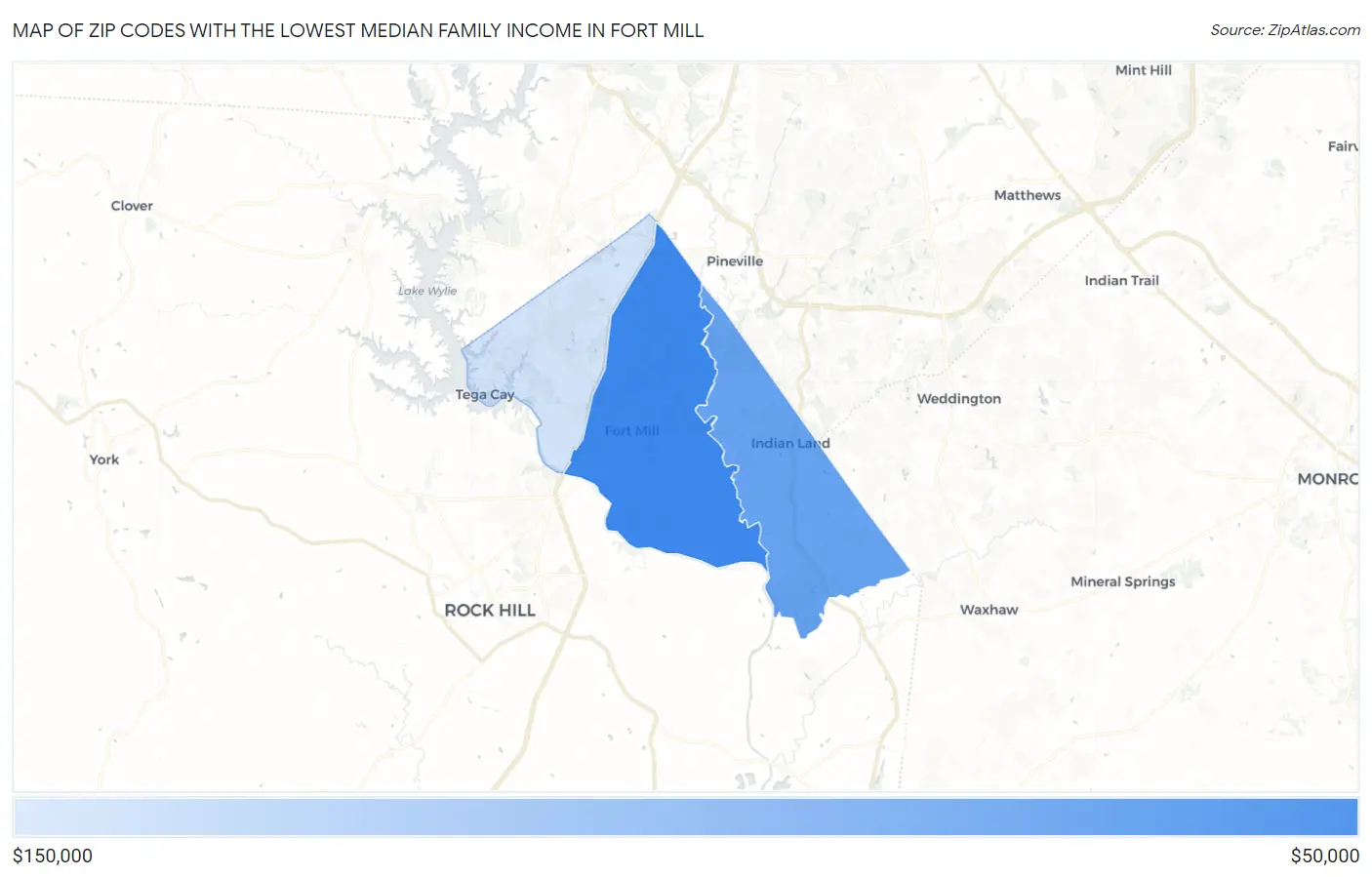 Zip Codes with the Lowest Median Family Income in Fort Mill Map