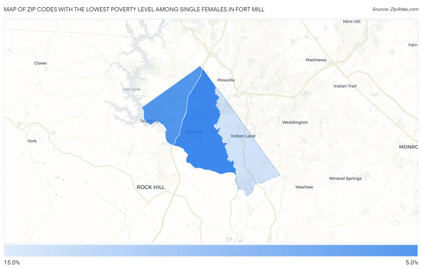 Zip Codes with the Lowest Poverty Level Among Single Females in Fort Mill Map