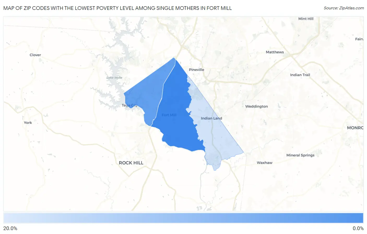 Zip Codes with the Lowest Poverty Level Among Single Mothers in Fort Mill Map