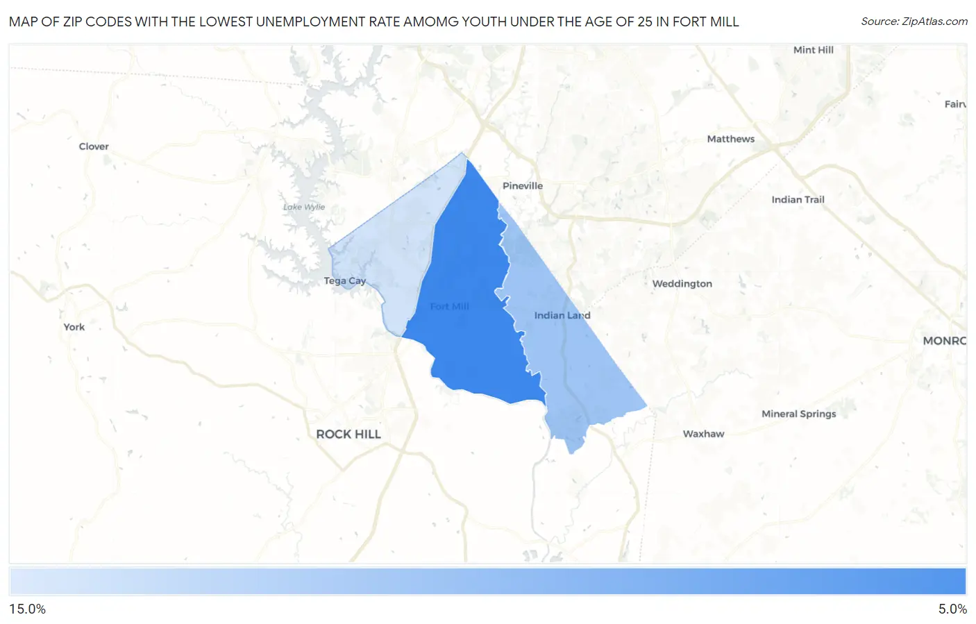 Zip Codes with the Lowest Unemployment Rate Amomg Youth Under the Age of 25 in Fort Mill Map