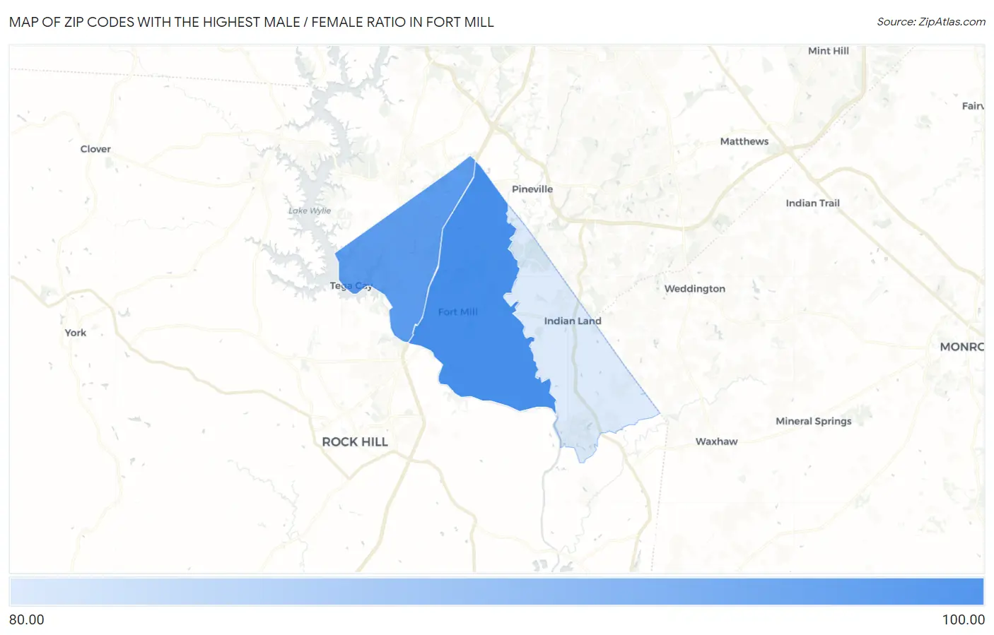 Zip Codes with the Highest Male / Female Ratio in Fort Mill Map